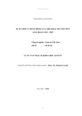 Luận văn thạc sĩ ussh sự ra đời và hoạt động của hội khai trí tiến đức giai đoạn 1919 1925