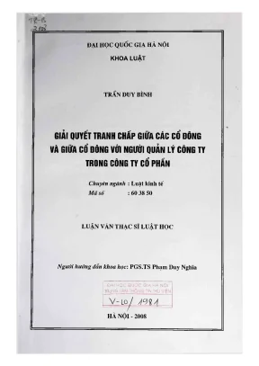 Luận văn thạc sĩ vnu ls giải quyết tranh chấp giữa các cổ đông và giữa cổ đông với người quản lý công ty trong công ty cổ phần