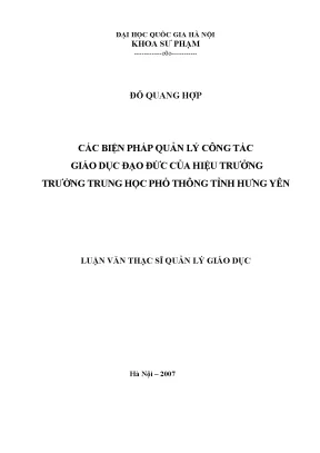 Luận văn thạc sĩ vnu ued các biện pháp quản lý công tác giáo dục đạo đức của hiệu trưởng trường trung học phổ thông tỉnh hưng yên