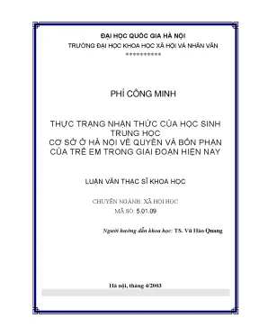Luận văn thạc sĩ ussh thực trạng nhận thức của học sinh trung học cơ sở ở hà nội về quyền và bổn phận của trẻ em trong giai đoạn hiện nay