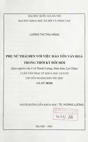Luận văn thạc sĩ ussh phụ nữ thái đen với việc bảo tồn văn hoá trong thời kỳ đổi mới qua nghiên cứu ở xã thanh luông điện biên lai châu