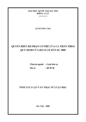 Luận văn thạc sĩ vnu ls quyền hiến bộ phận cơ thể của cá nhân theo quy định của bộ luật dân sự 2005
