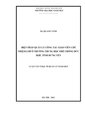 Luận văn thạc sĩ vnu ued biện pháp quản lý công tác giáo viên chủ nhiệm lớp ở trường trung học phổ thông đức hợp hưng yên