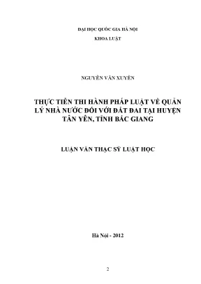 Luận văn thạc sĩ vnu ls thực tiễn thi hành pháp luật về quản lý nhà nước đối với đất đai tại huyện tân yên tỉnh bắc giang