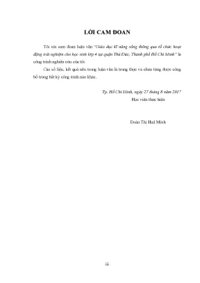 Luận văn thạc sĩ giáo dục kỹ năng sống thông qua tổ chức hoạt động trải nghiệm cho học sinh lớp 4 tại quận thủ đức thành phố hồ chí minh