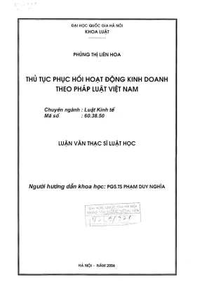 Luận văn thạc sĩ thủ tục phục hồi hoạt động kinh doanh theo pháp luật việt nam