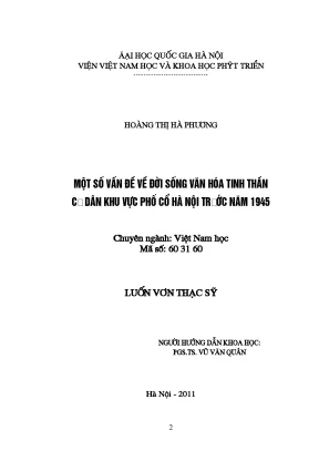 Luận văn thạc sĩ ussh một số vấn đề về đời sống văn hóa tinh thần cư dân khu vực phố cổ hà nội trước năm 1945