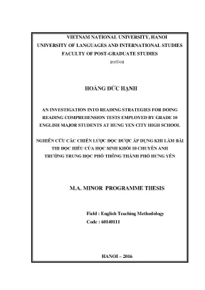 Luận văn thạc sĩ ussh an investigation into reading strategies for doing reading comprehension tests employed by grade 10 english major students at hung yen city high school