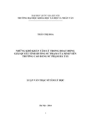 Luận văn thạc sĩ ussh những khó khăn tâm lí trong hoạt động giải quyết tình huống sư phạm của sinh viên trường cao đẳng sư phạm hà tây