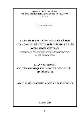 Luận văn thạc sĩ ussh phân tích tác động biến đổi xã hội của công nghệ thích hợp với phát triển nông thôn việt nam nghiên cứu trường hợp công nghệ khí sinh học và bếp đun cải tiến