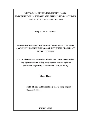 Luận văn thạc sĩ teachers roles in enhancing learner autonomy a case study in speaking and listening classes at felte vnu ulis